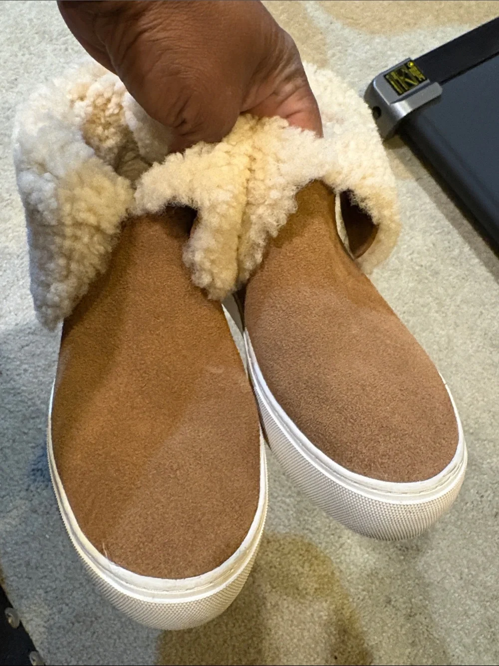 UGG Tan Suede Shearling Cuff Slip-On Sneakers-Size 5.5
